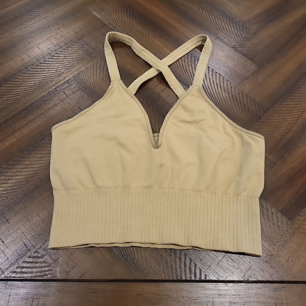 Free People Good Karma Crop Tank Runs Large - M/L Gold/Tan
